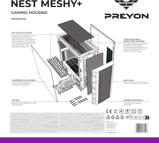 Preyon Nest Meshy+ Gaming Midi-Turm Computergehäuse mit Seitenfenster und RGB-Beleuchtung Schwarz