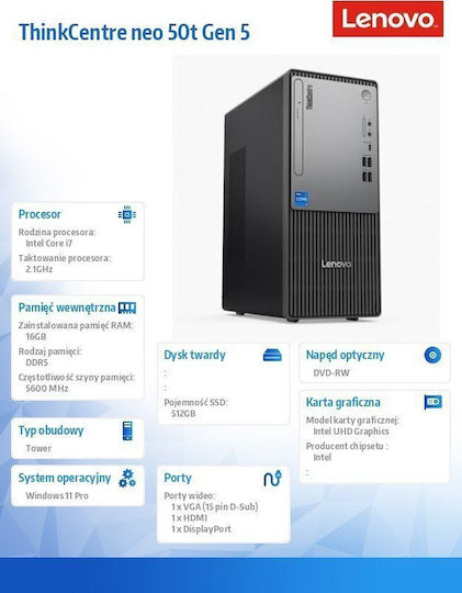 Lenovo ThinkCentre Neo 50t Gen 5 SFF Desktop PC (i7-14700/16GB DDR4/512GB SSD/W11 Pro)