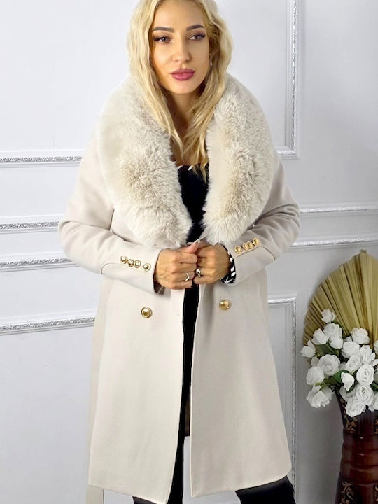 Wolle Damen Cream Mantel mit Fellbesatz