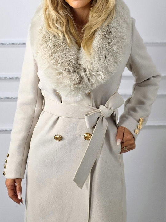 Wolle Damen Cream Mantel mit Fellbesatz