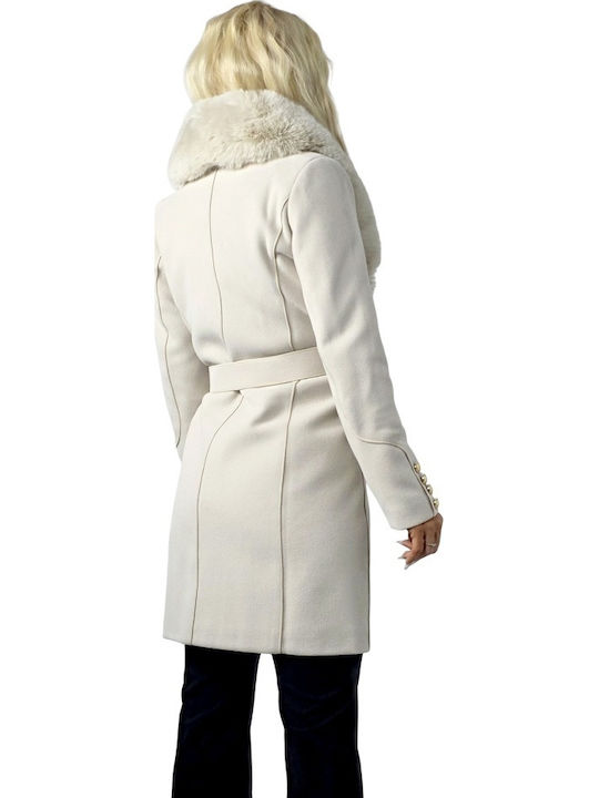 Wolle Damen Cream Mantel mit Fellbesatz