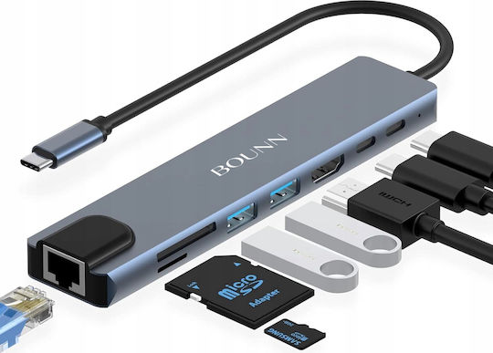 8 σε 1 USB-C Docking Station mit HDMI 4K PD Ethernet Gray