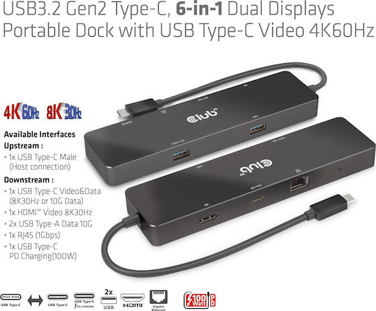 Club3D USB-C Stație de andocare cu HDMI 4K PD Ethernet și conexiune 2 monitoare Negru (CSV-1584)