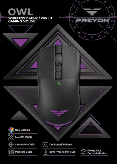 Preyon Owl Ασύρματο RGB Gaming Ποντίκι 16000 DPI Μαύρο