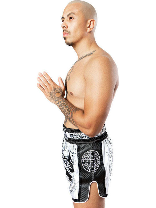 Σορτσάκι Muay Thai 8 Weapons Carbon Sak Yant Tigers White