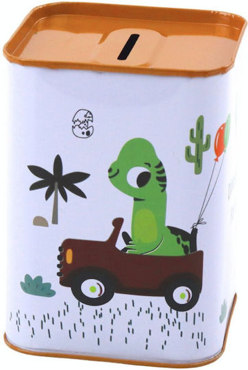 Dinosaur Piggy Bank In Car Learning To Save Metal White 11x8cm