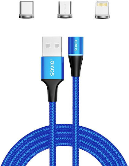 Savio Geflochten / Magnetisch USB zu Blitzschlag / Typ-C,TC-TC / Micro-USB Kabel 3A Blau 2m (CL-157)
