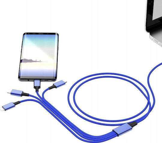 Smrter Regular USB to Lightning / Type-C / micro USB Cable 3A Μπλε 1m