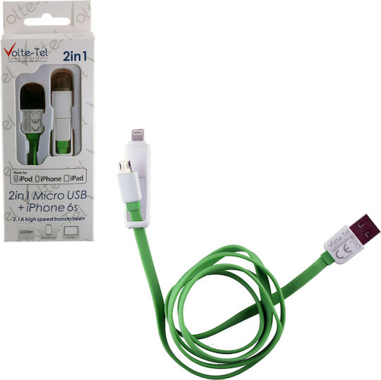 Volte-Tel Равен USB към Lightning / micro USB Кабел 2.1Спецификация Зелен 1м (8157189)