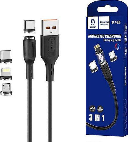 Denmen USB to Lightning / Type-C / micro USB Cable Μαύρο 1m (29367)