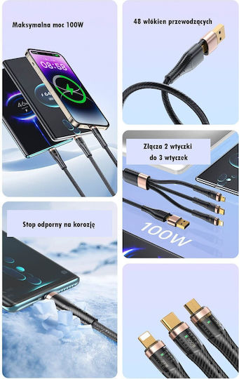 Awei LED / Braided USB to Type-C / Lightning Cable 2A Μαύρο 1.5m (CL-228)