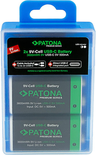 Patona Premium Επαναφορτιζόμενες Μπαταρίες 9V Li-ion 400mAh 2τμχ