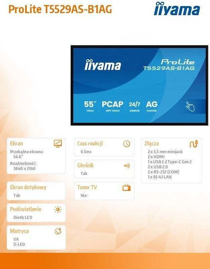 Iiyama T5529AS-B1AG Afișaj Public D-LED VA 4K UHD 55" Cu Ecran Tactil