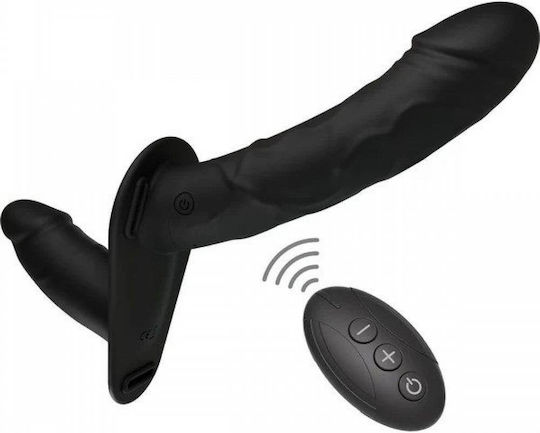 Schwarzer Doppelter Dildotyp Strap-Ons für Paare mit Gurtzeug & Kabelloser Funktion Hidden Desire Inferno Doppel Vibrator Lust Penis Strap-On Schwarz 14cm