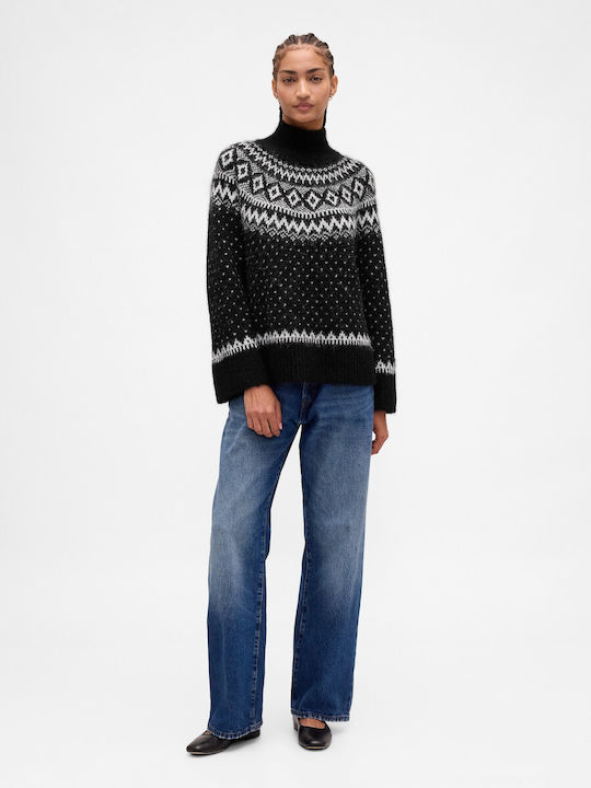Дамски Дълъг Ръкав Вълнен Пуловер Висока Яка Черен