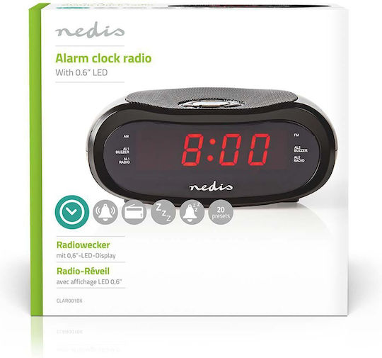 Nedis Επιτραπέζιο Ψηφιακό Ρολόι LED με Ξυπνητήρι & Ραδιόφωνο Μαύρο CLAR001BK