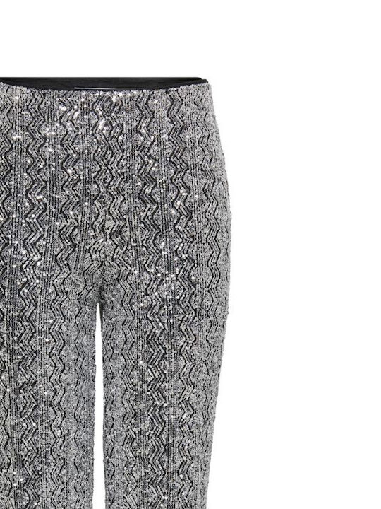 Damen Hoch tailliert Stoff Hose in Geradem Schnitt Silver-black mit Pailletten