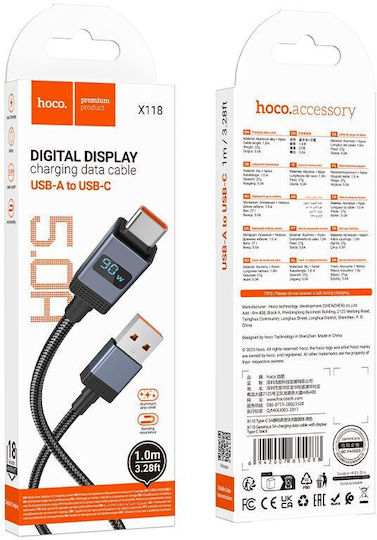 Hoco X118 Плетена USB 2.0 Кабел USB-C мъжки - USB-A мъжки 60W Черен 1м