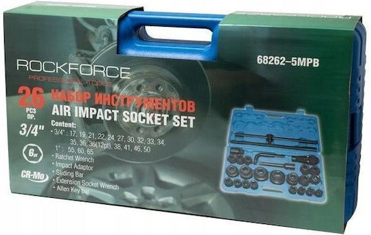 Rockforce Nüsse T-Griff Pneumatisch mit Vierkant-Antrieb 3/4", 1", HEX Set 26Stück