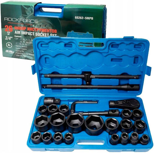 Rockforce Nüsse T-Griff Pneumatisch mit Vierkant-Antrieb 3/4", 1", HEX Set 26Stück