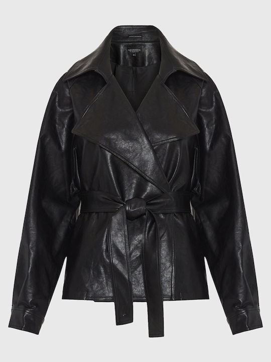 Women's Short Lifestyle Artificial Leather Jacket for Winter Black