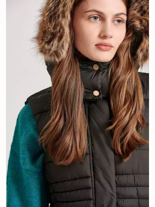 Women's Short Puffer Jacket for Winter with Detachable Hood Black