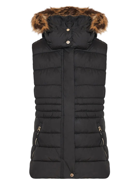 Women's Short Puffer Jacket for Winter with Detachable Hood Black