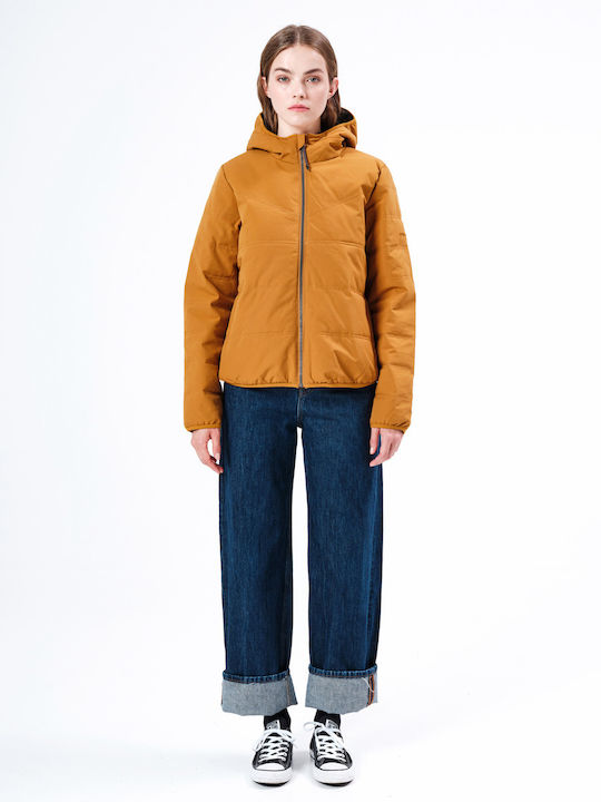 Women's Short Puffer Jacket for Winter with Hood Ochre