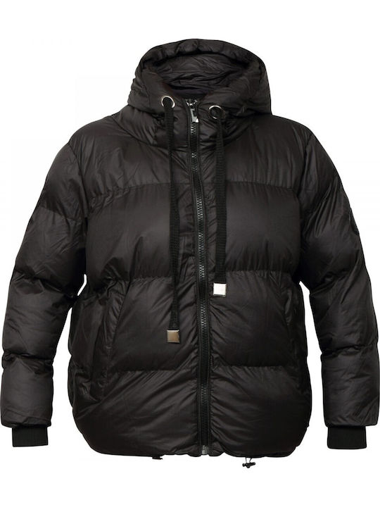 Women's Short Puffer Jacket for Winter with Hood Black