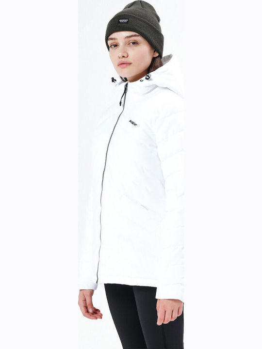 Lang Damen Puffer Jacke mit pelziger Kapuze für Winter Weiß