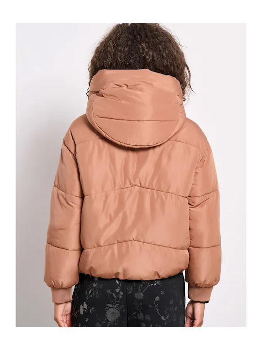 Women's Short Puffer Jacket for Winter with Hood Beige