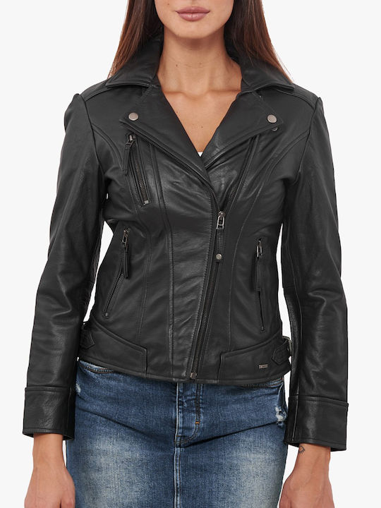 Phedra Buffalo Piele Jachetă de femei Biker Jacket Negru