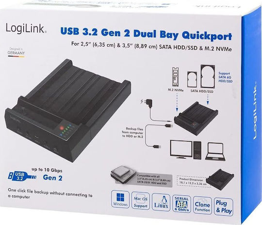 LogiLink Докинг станция за 2 Хард Диска SATA 2.5" / M.2 (2230)" / M.2 (2242)" / M.2 (2260)" / M.2 (2280)" с връзка USB 3.2 (QP0031)