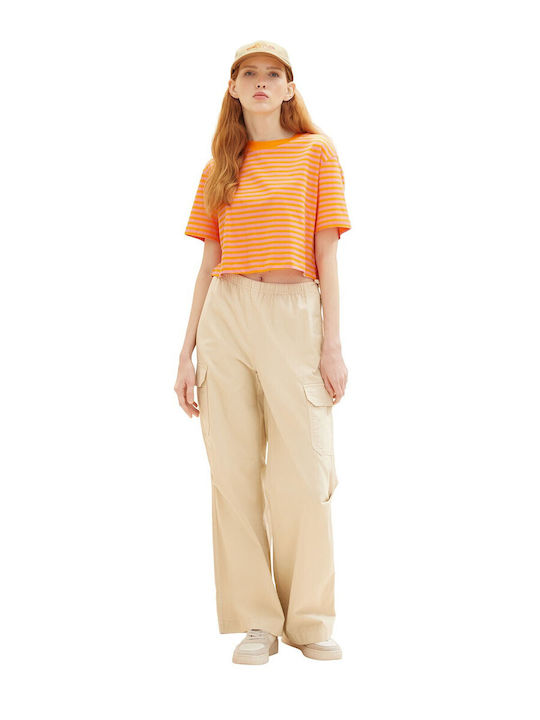 Damen Stoff Cargo Hose mit Gummizug in Geradem Schnitt Beige