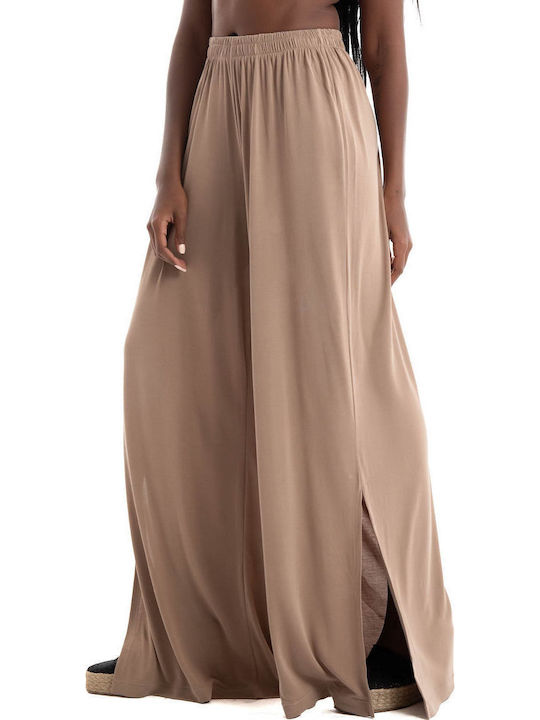 Collectiva Noir Pants Women's High Waist Fabric Palazzo Pants with Elastic Beige
