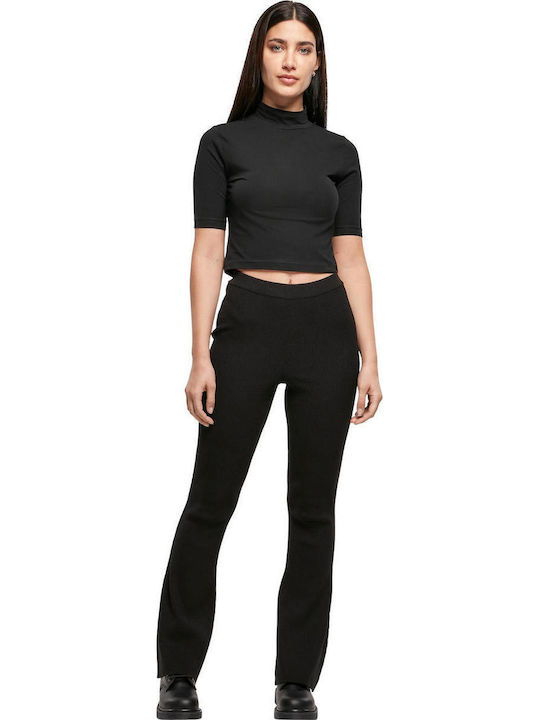 Women's High-waisted Fabric Trousers Flared with Elastic Bootcut Fit Black
