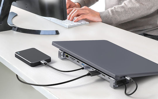 Manhattan USB-C Docking Station με HDMI 4K PD Ethernet και σύνδεση 2 Οθονών Γκρι (190398)