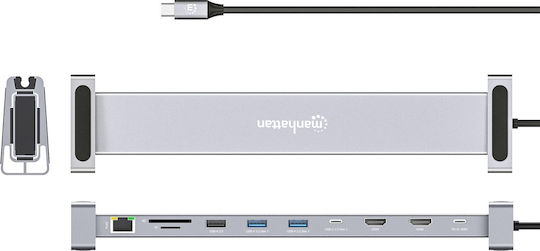 Manhattan USB-C Docking Station με HDMI 4K PD Ethernet και σύνδεση 2 Οθονών Γκρι (190398)