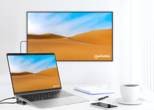 Manhattan USB-C Docking Station με HDMI 4K PD Ethernet και σύνδεση 2 Οθονών Γκρι (190398)