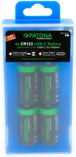 Επαναφορτιζόμενες Μπαταρίες Λιθιου Lithium Cr123 Usb-c Lithium 800mah Σετ 4 Τεμάχια Patona Premium