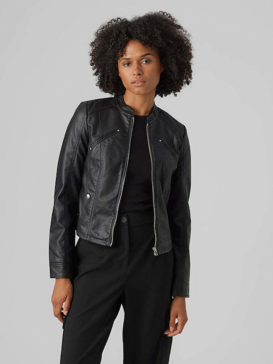 Favodona Women's Short Biker Artificial Leather Jacket for Spring or Autumn Black