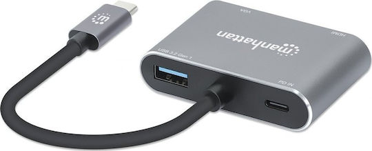 Manhattan USB-C Docking Station με HDMI 4K PD και σύνδεση 2 Οθονών Γκρι (130691)