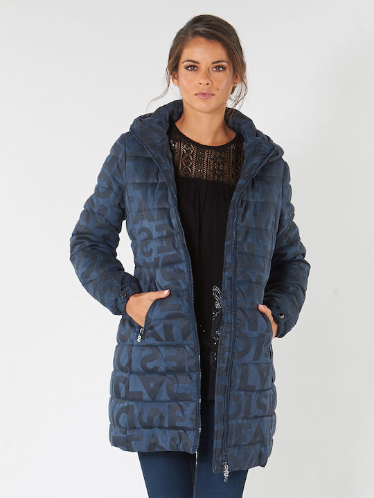 Letras Women's Long Puffer Jacket for Winter with Hood Navy Blue