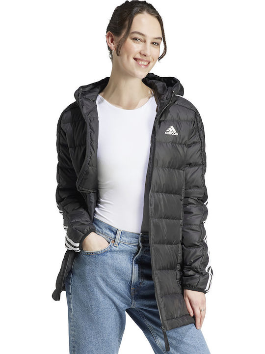 Essentials 3-Stripes Light Down Women's Long Puffer Jacket for Winter with Hood Black