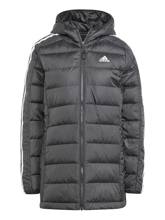Essentials 3-Stripes Light Down Women's Long Puffer Jacket for Winter with Hood Black
