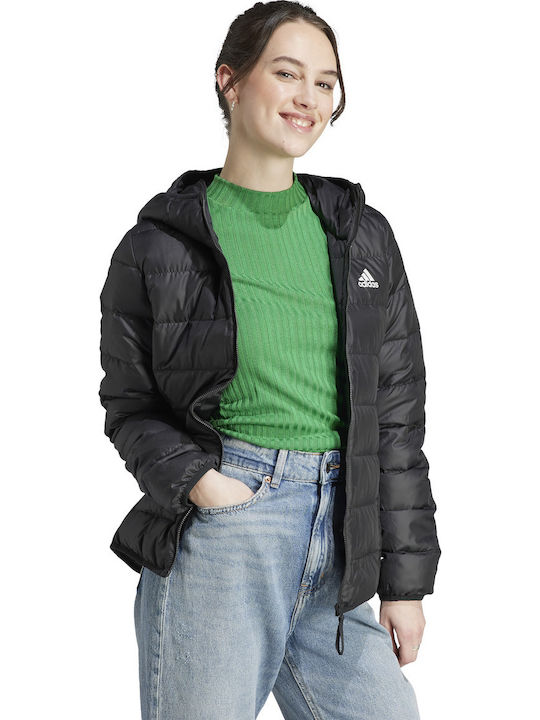 Essentials Light Women's Short Puffer Jacket for Spring or Autumn with Hood Black