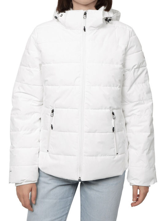 Women's Short Puffer Jacket Waterproof and Windproof for Winter with Detachable Hood White