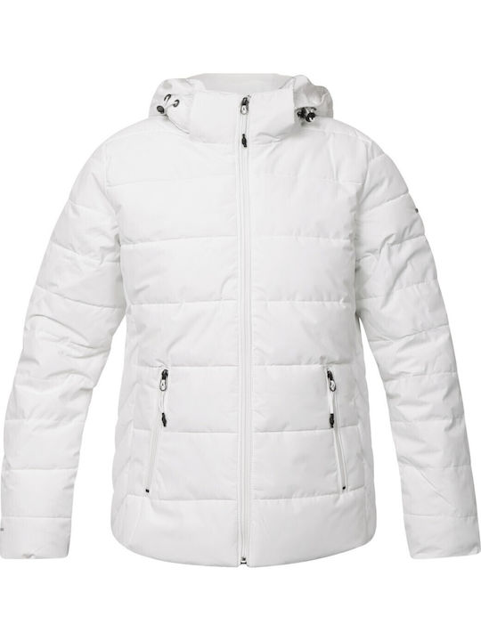 Women's Short Puffer Jacket Waterproof and Windproof for Winter with Detachable Hood White