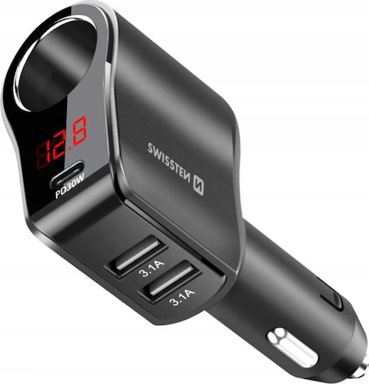 Swissten Φορτιστής Αυτοκινήτου 30W 10A με Θύρες: 2xUSB 1xType-C 1xΑναπτήρα Μαύρος