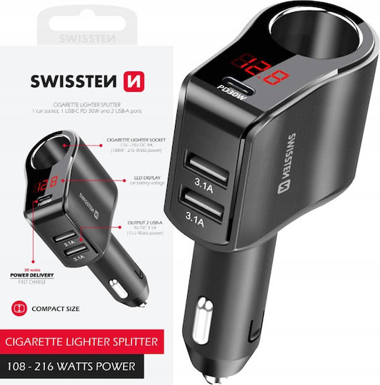 Swissten Φορτιστής Αυτοκινήτου 30W 10A με Θύρες: 2xUSB 1xType-C 1xΑναπτήρα Μαύρος